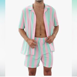 Vibrant Men's Pink and Green Striped Set
